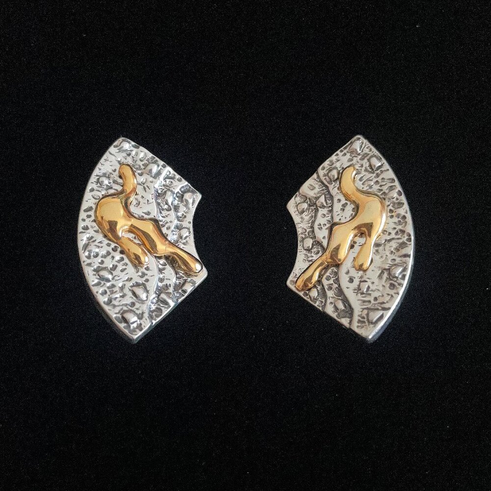 Vintage DARVEAU Canadian Artist Modernist Silver & Gold Tone Metal Clip Earrings